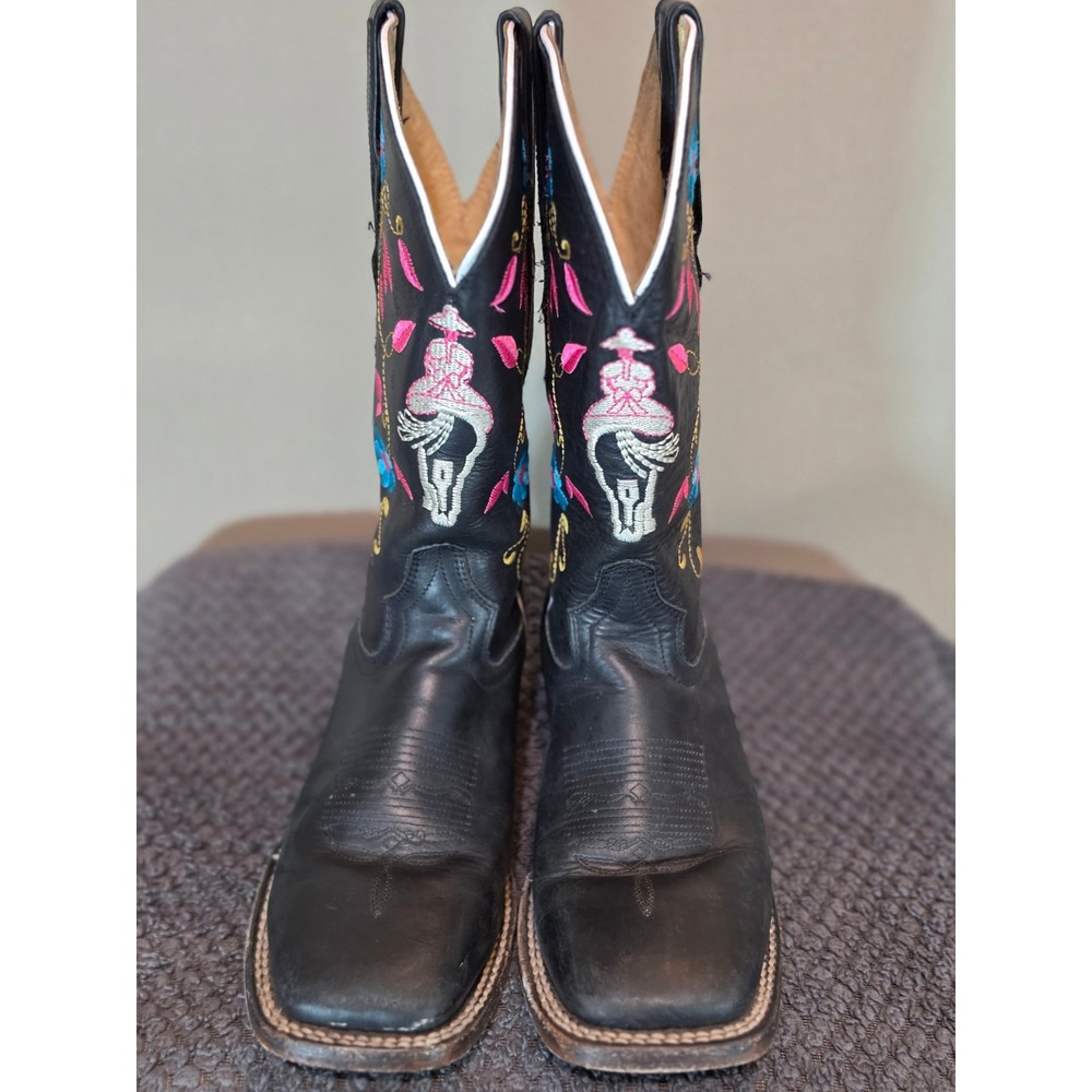 El General Black Leather Floral Embroidered Square Toe Western Cowboy Boots 6
